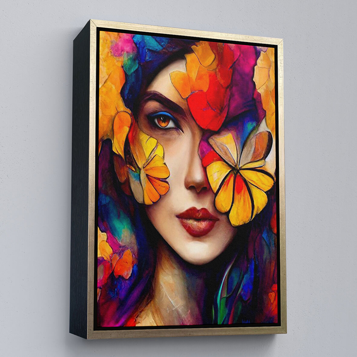Altın Çerçeveli Çiçek ve Kadın Temalı Dekoratif Duvar Tablosu