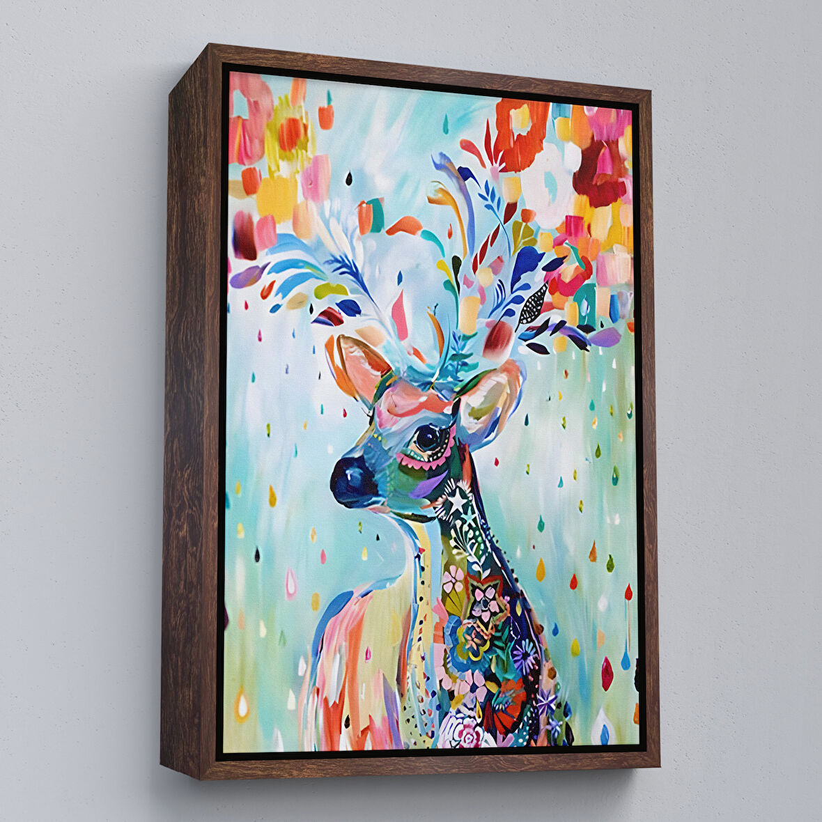 Kahverengi Çerçeveli Renkli Çiçek Detaylı Geyik Dekoratif Duvar Tablosu