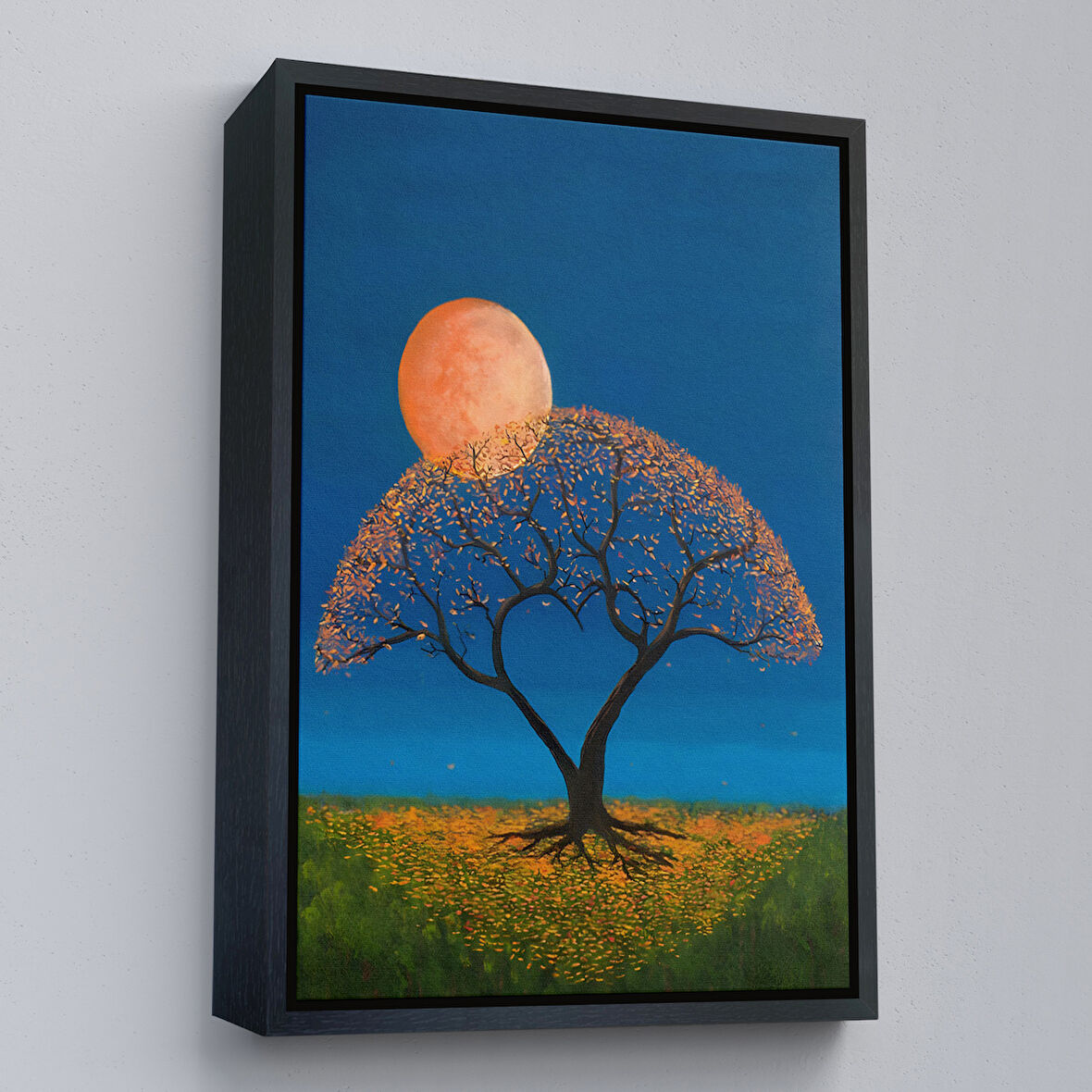 Siyah Çerçeveli Gece Ay Işığındaki Aşk Ağacı Dekoratif Duvar Tablosu