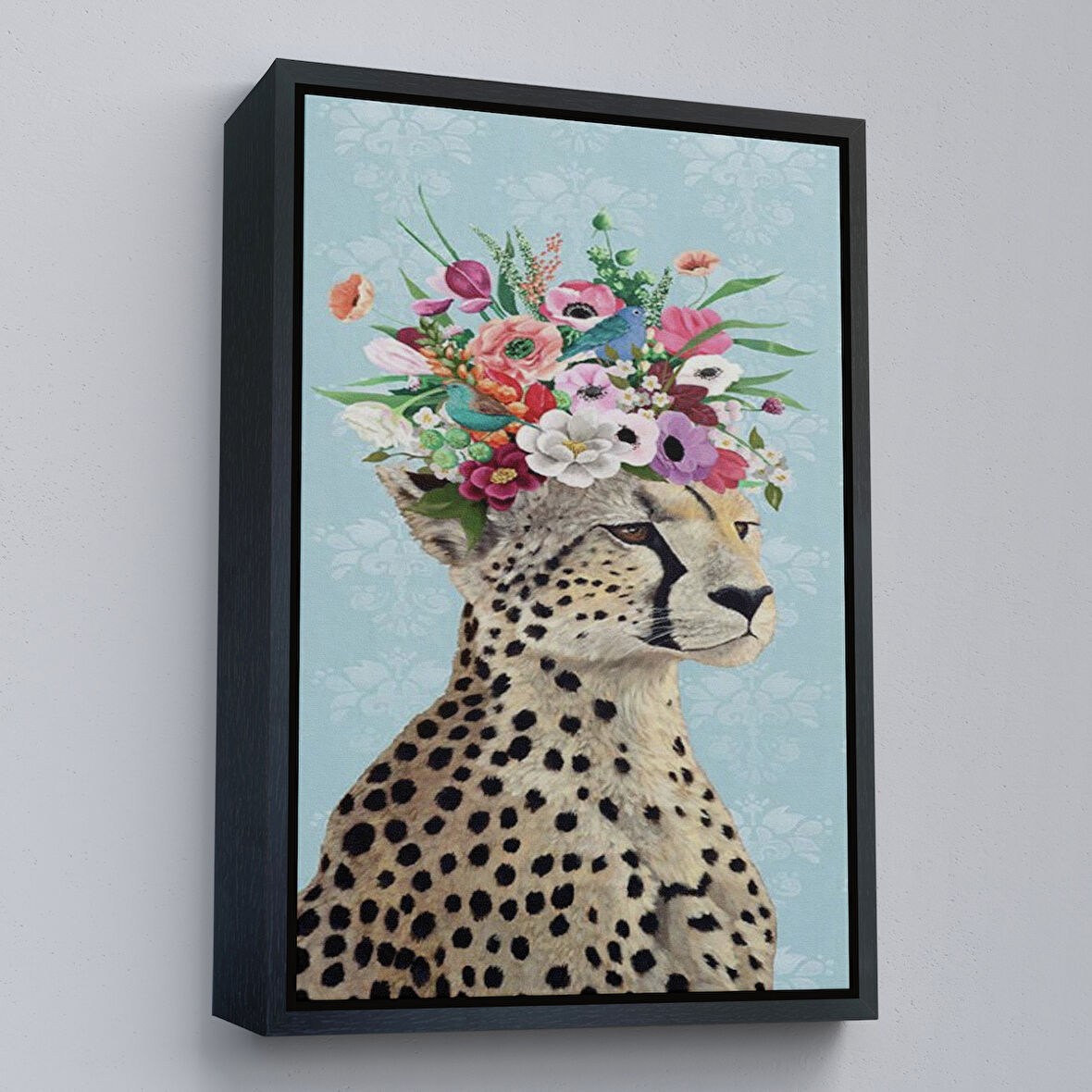 Siyah Çerçeveli Çiçek Taçlı Sosyetik Çita Tablosu, Kokoş Çıta