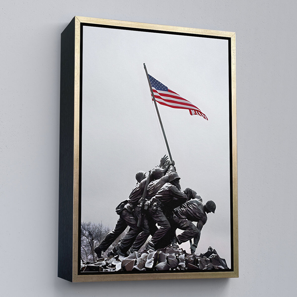 Altın Çerçeveli Amerika Bayrağı Diken Askerler Dekoratif Duvar Tablosu