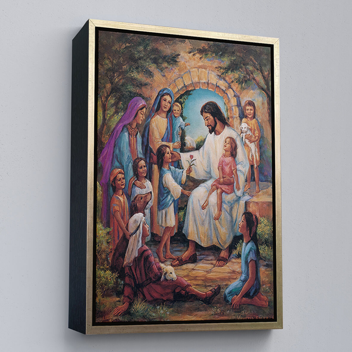 Altın Çerçeveli İsa Mesih ve Çocuklar Dekortif Duvar Tablosu