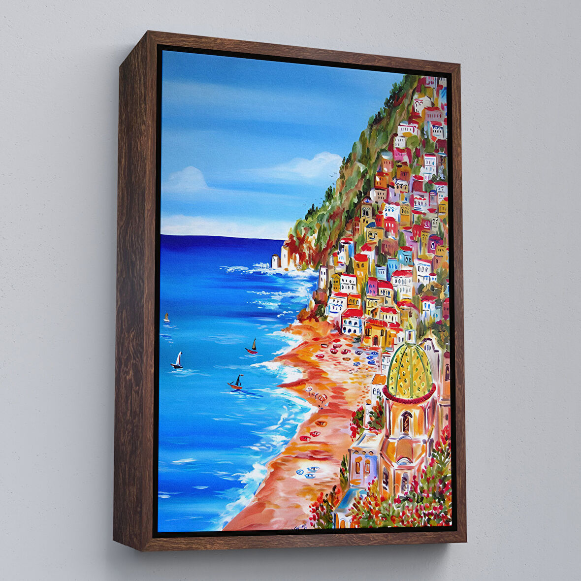 Kahverengi Çerçeveli İtalya La Bella Positano Amalfi Sahili Duvar Tablosu