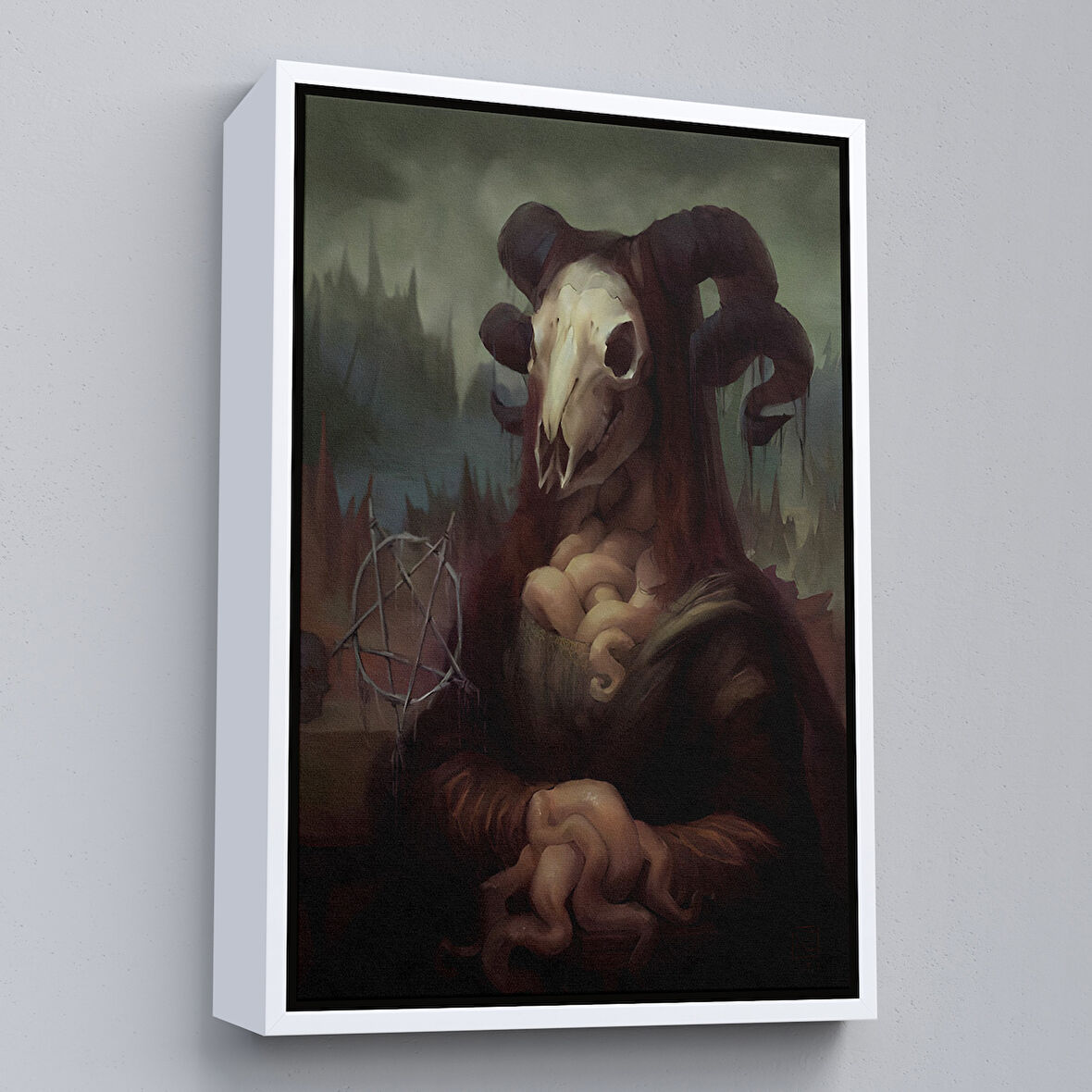 Beyaz Çerçeveli Mona Liza Duruşlu Canavar Duvar Tablosu