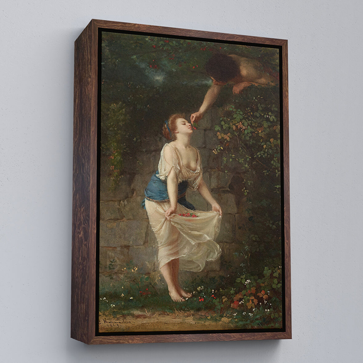 Kahverengi Çerçeveli Kiraz Toplayan Sevgililer Duvar Tablosu