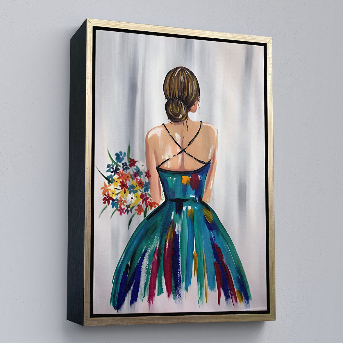 Altın Çerçeveli Renkli Çiçekli Kadın Dekoratif Duvar Tablosu