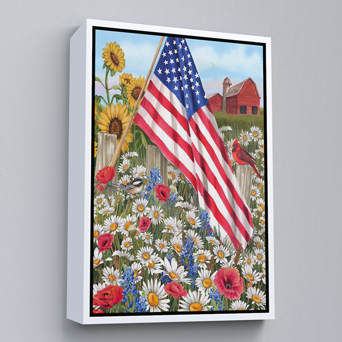 Beyaz Çerçeveli Güzel Bahçe İçierisindeki Amerka Bayrağı Duvar Tablosu