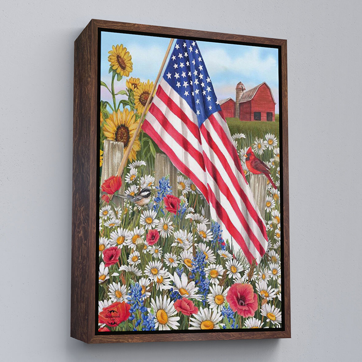 Kahverengi Çerçeveli Güzel Bahçe İçierisindeki Amerka Bayrağı Duvar Tablosu
