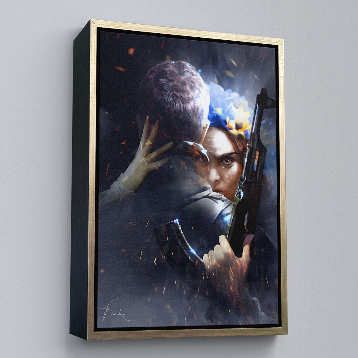 Altın Çerçeveli Ağlayan Ukraynalı Savaçcı Kadın Ve Sevgilisi Duvar Tablosu