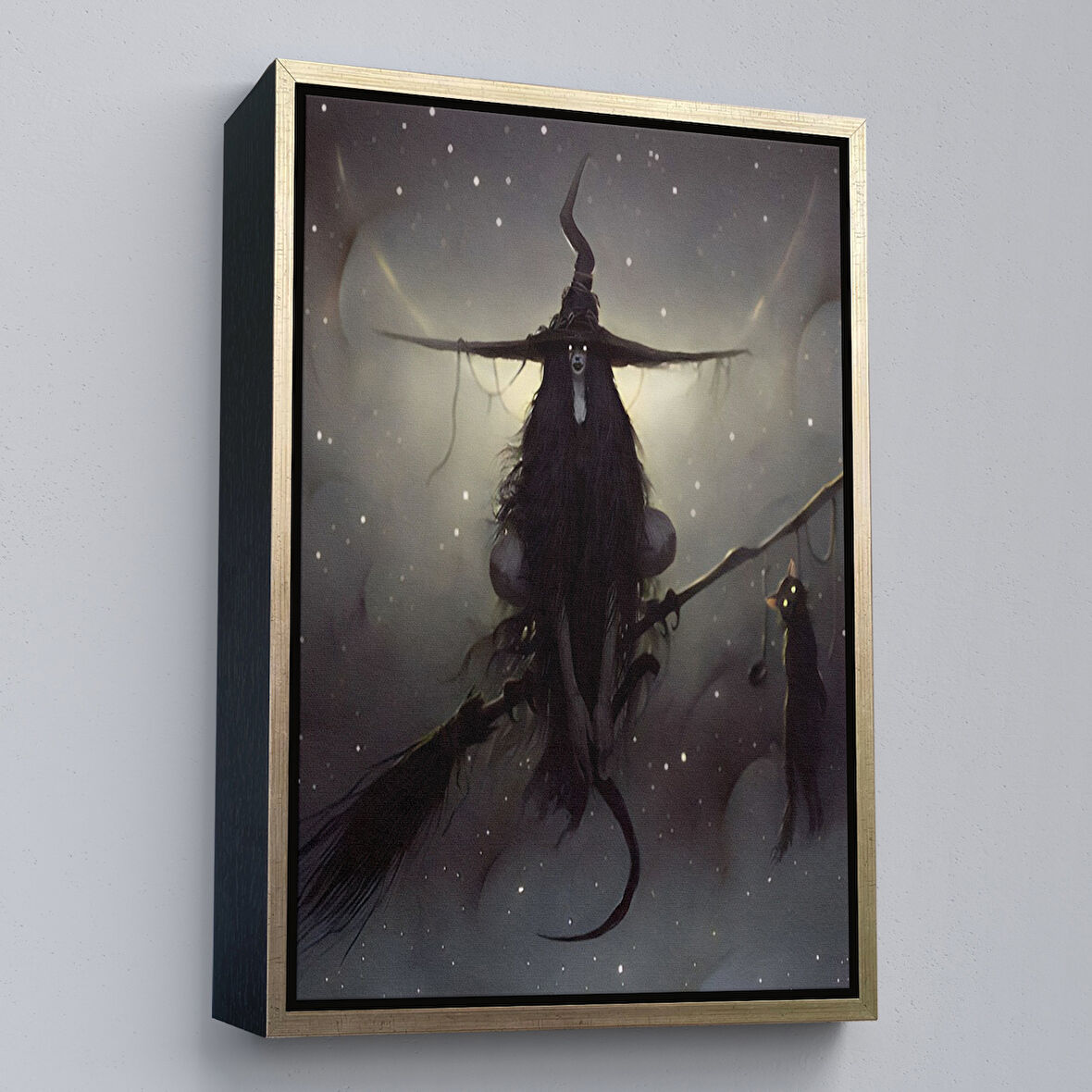 Altın Çerçeveli Süpürge ile Uçan Cadı ve Kedisi, Cadılar Bayramı Hediyesi, Hellowen Tablo