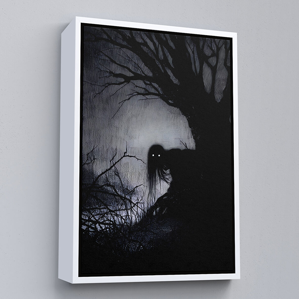 Beyaz Çerçeveli Karanlık İçindeki Korkunç Bir Çift Göz Tablosu