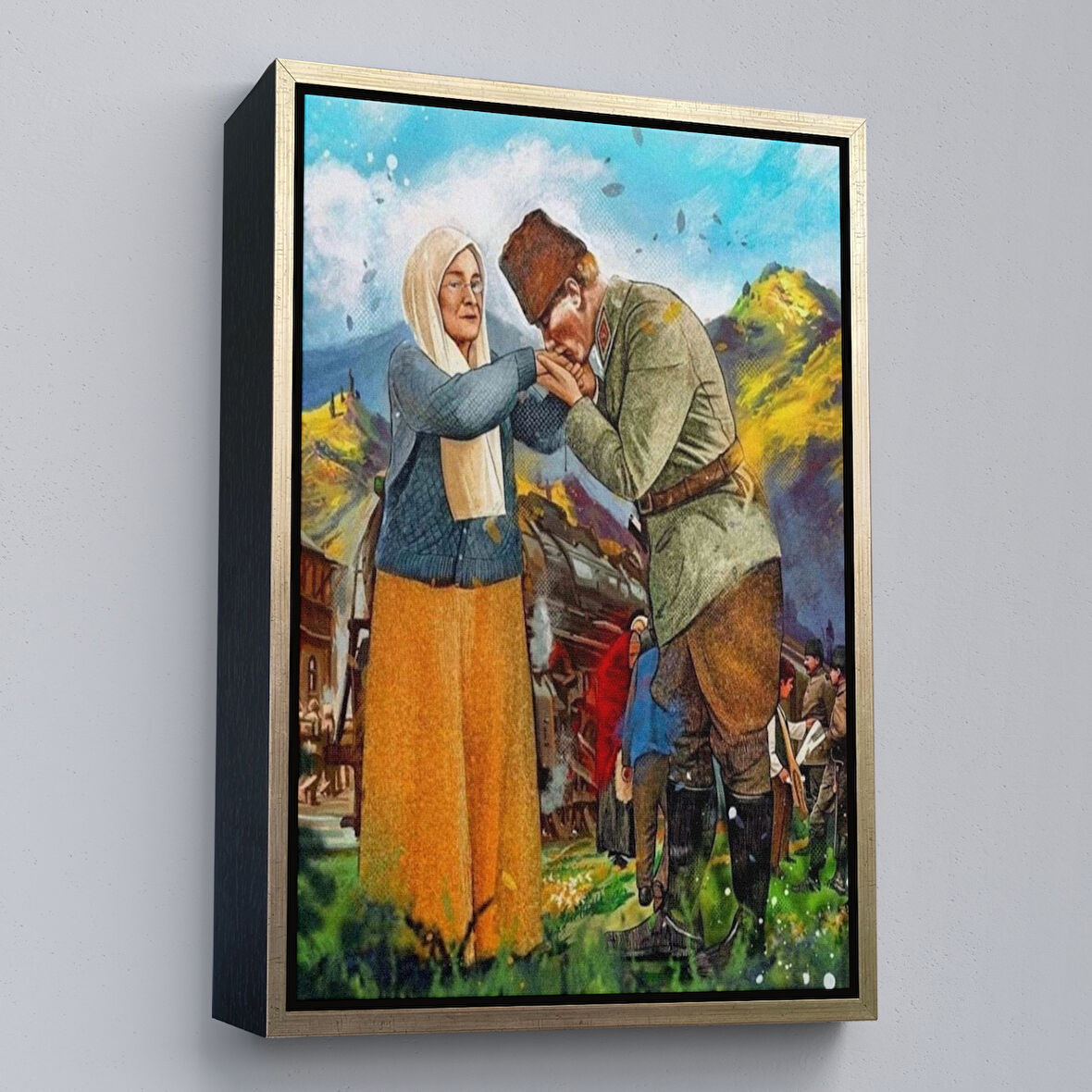 Altın Çerçeveli Atatürk Annesi Zübeyde Hanımın Elini Öperken Duvar Tablosu