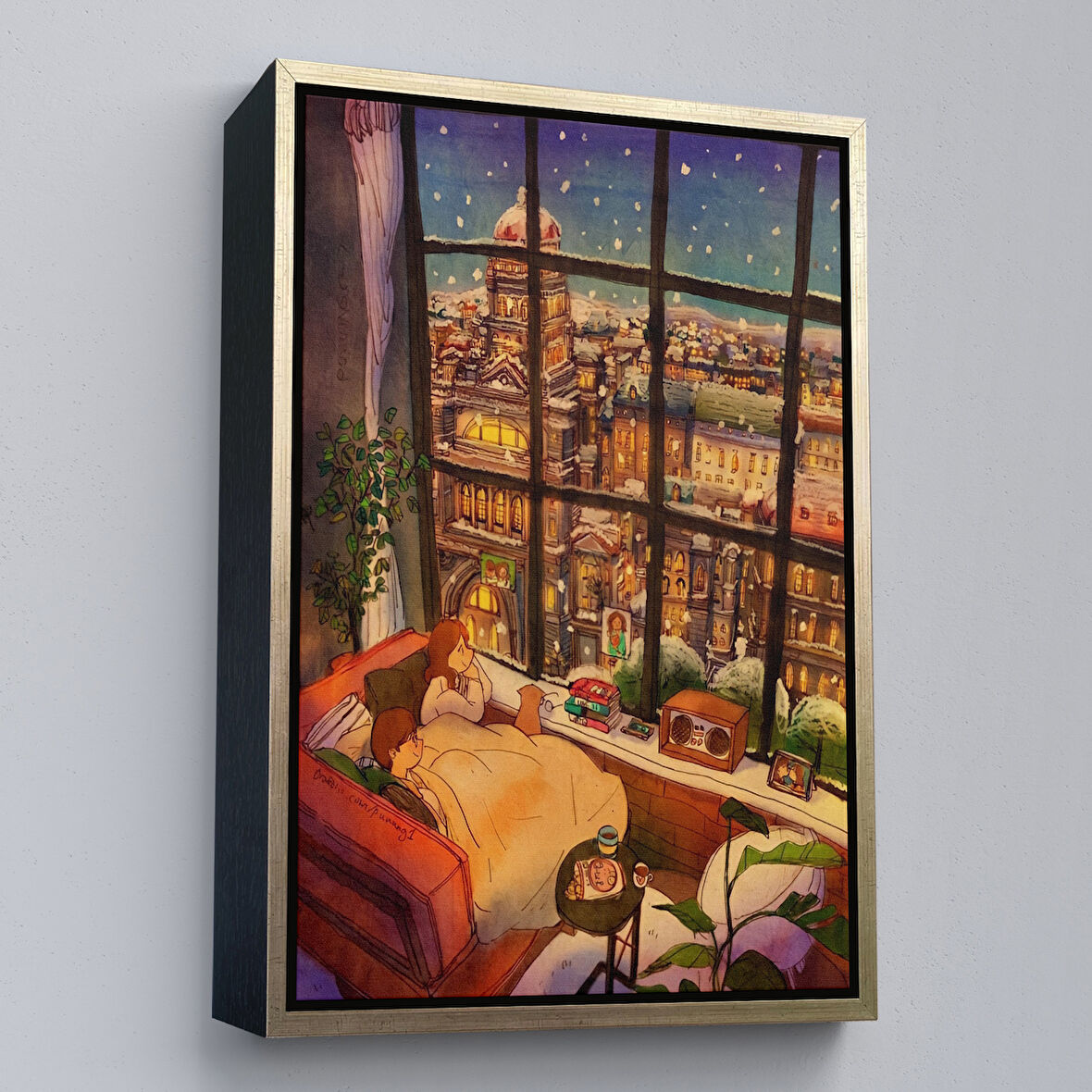 Altın Çerçeveli Cam Önünde Kar Keyfi Duvar Tablosu