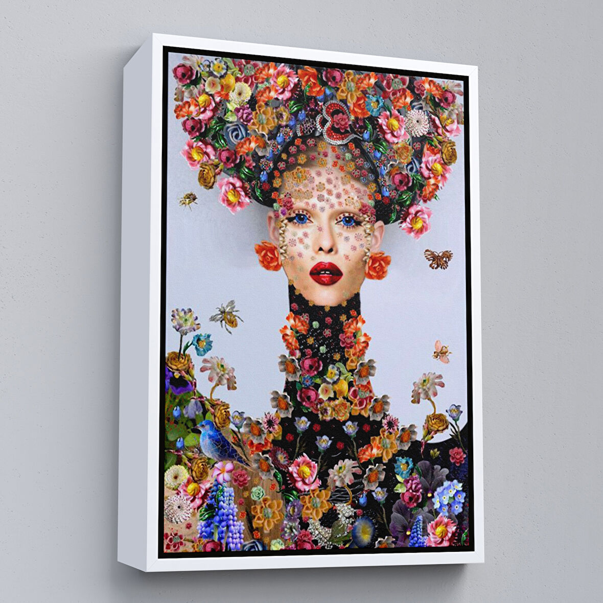 Beyaz Çerçeveli Çiçek ve Kadın Temalı Dekoratif Duvar Tablosu