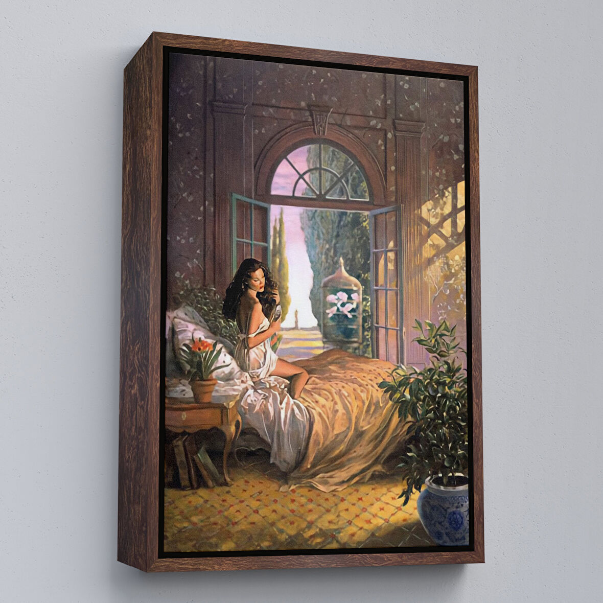 Kahverengi Çerçeveli Yataktaki Güzel Kadın Dekoratif Duvar Tablosu