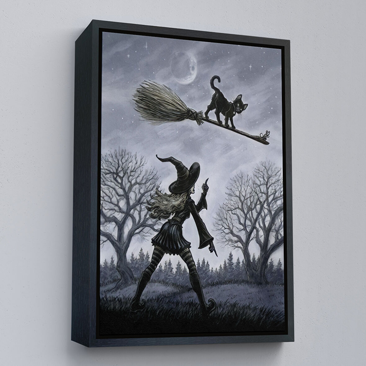 Siyah Çerçeveli Cadı Süpürgesi ile Uçan Kara Kedi Tablosu, Witches Halloween