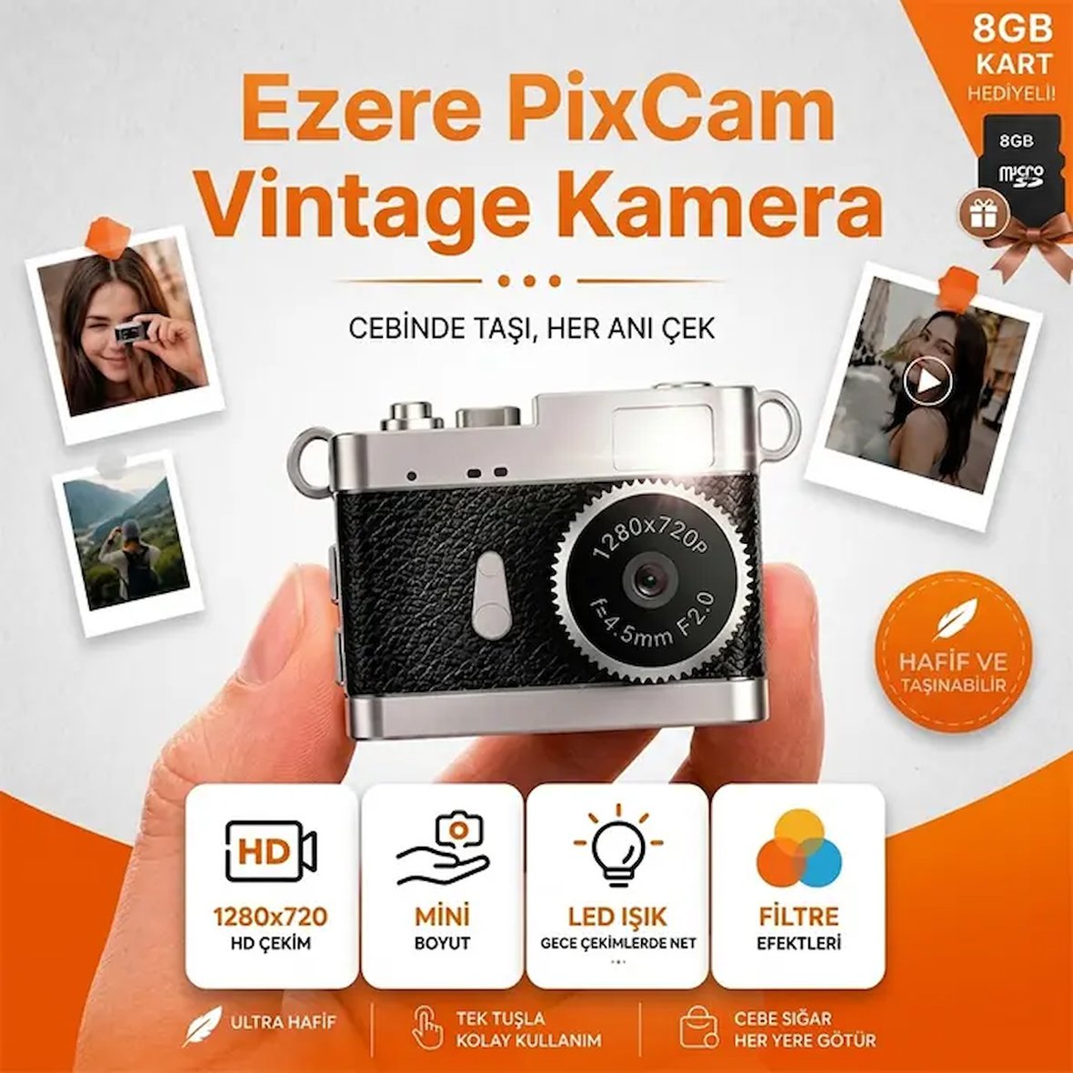 Ezere PixCam Vintage Taşınabilir Mini Dijital Kamera Selfie Video Vlog Kamerası Mini Anahtarlık 1080P-(5775)