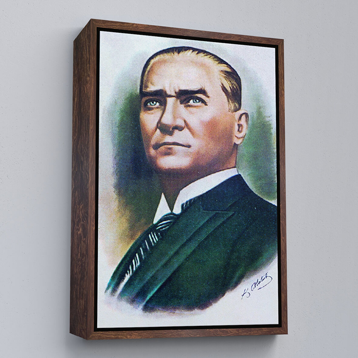 Kahverengi Çerçeveli Atatürk Portre Tablosu Mustafa Kemal Atatürk Dikdörtgen Dekoratif Kanvas Tablo