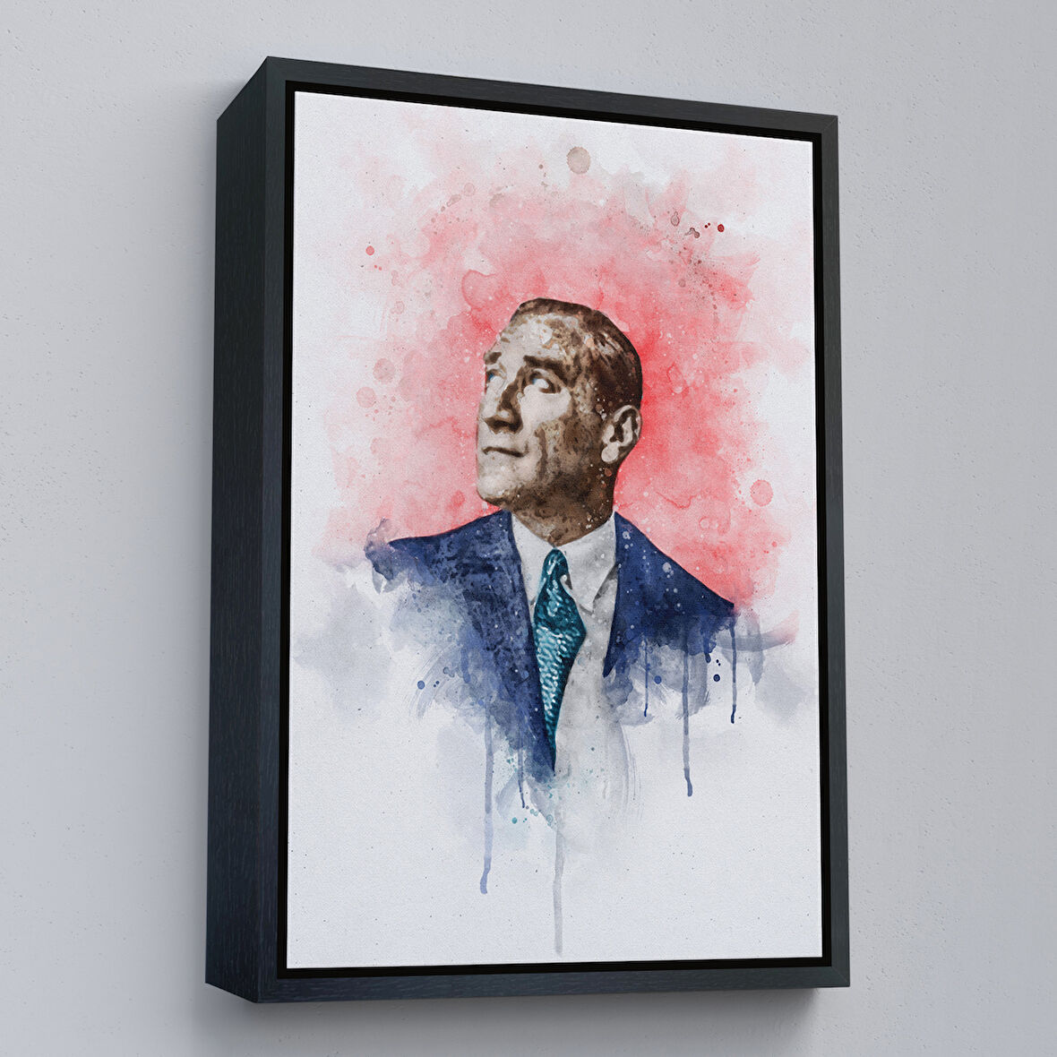 Siyah Çerçeveli Mustafa Kemal Atatürk Suluboya Görünümlü Portresi Dekoratif Kanvas Tablo