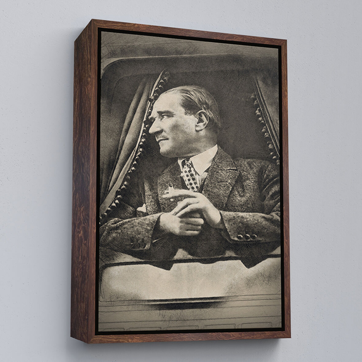 Kahverengi Çerçeveli Mustafa Kemal Atatürk'ün Karakalem Görünümlü Portre Çizimi Dikdörtgen Dekoratif Kanvas Tablo