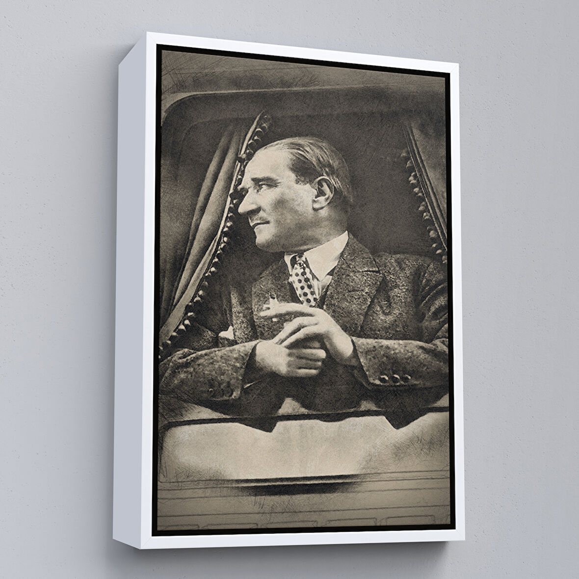 Beyaz Çerçeveli Mustafa Kemal Atatürk'ün Karakalem Görünümlü Portre Çizimi Dikdörtgen Dekoratif Kanvas Tablo