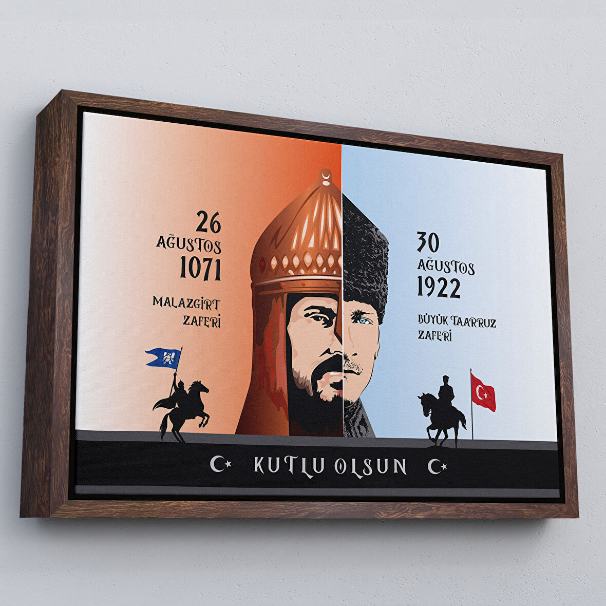Kahverengi Çerçeveli Atatürk Tablosu 30 Ağustos Zafer Bayramı Temalı Dekoratif Kanvas Tablo