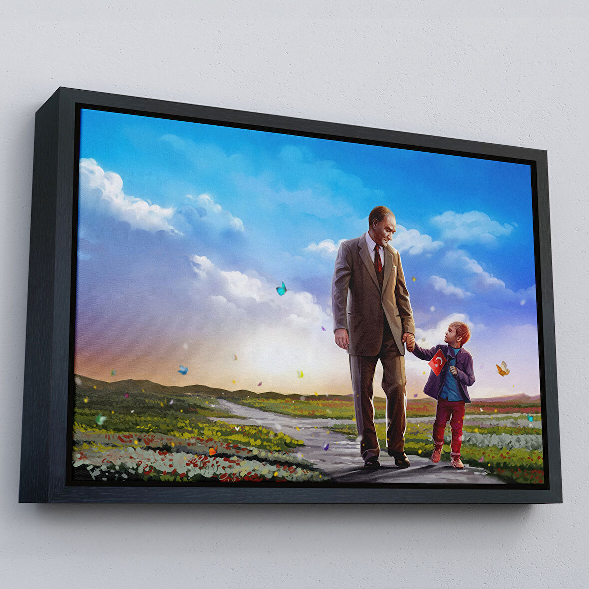 Siyah Çerçeveli Çocuk Bayramı Temalı Mustafa Kemal Atatürk ve Çocuklar DekoratifTablo(TEK PARÇA)