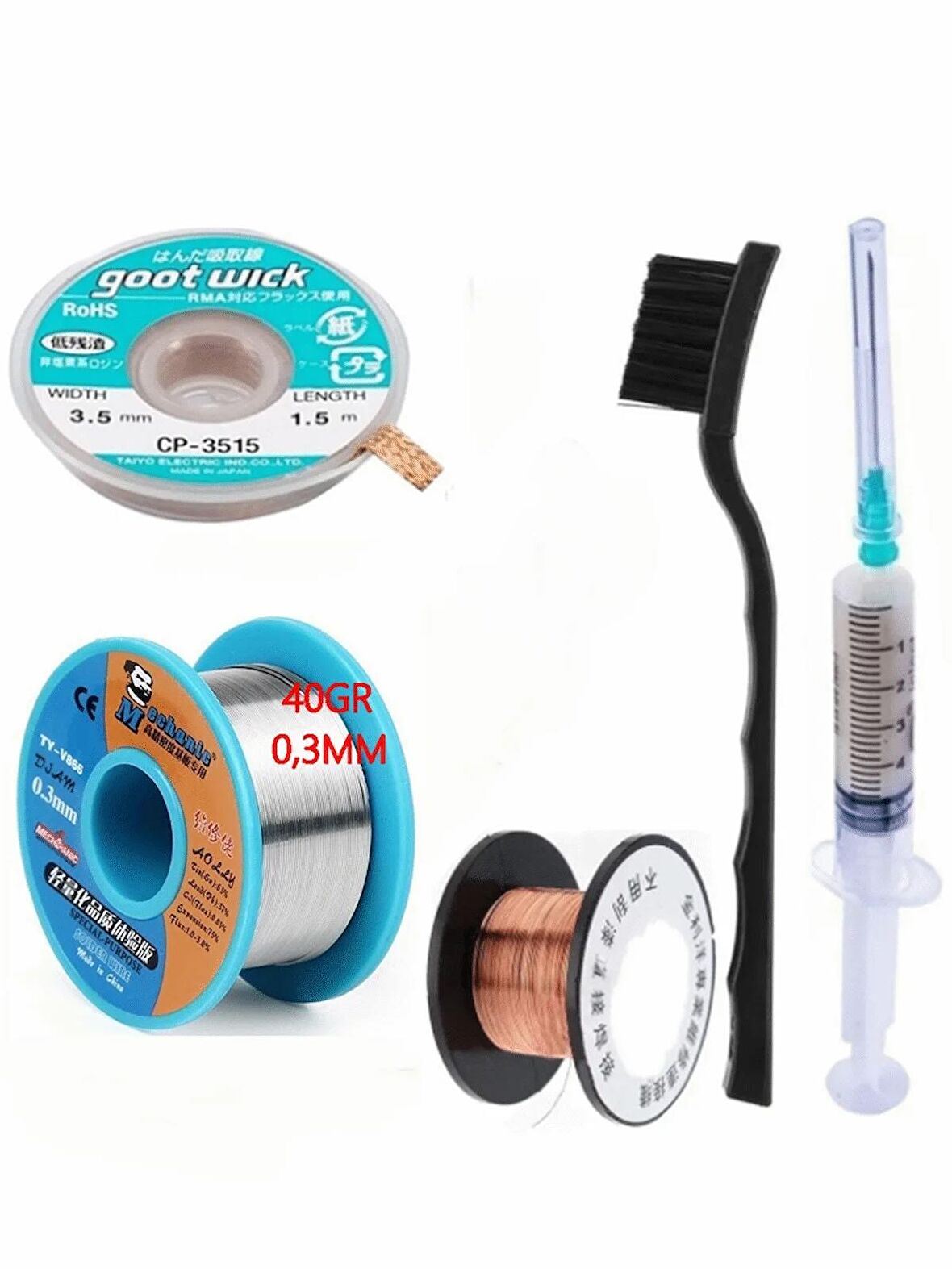 MECHANİC Soldering 63SN/37PB Lehim Teli 03MM 40Gr Ve Flux Lehim Toplama Ve CP 3515 Emme Teli 5in1 Set