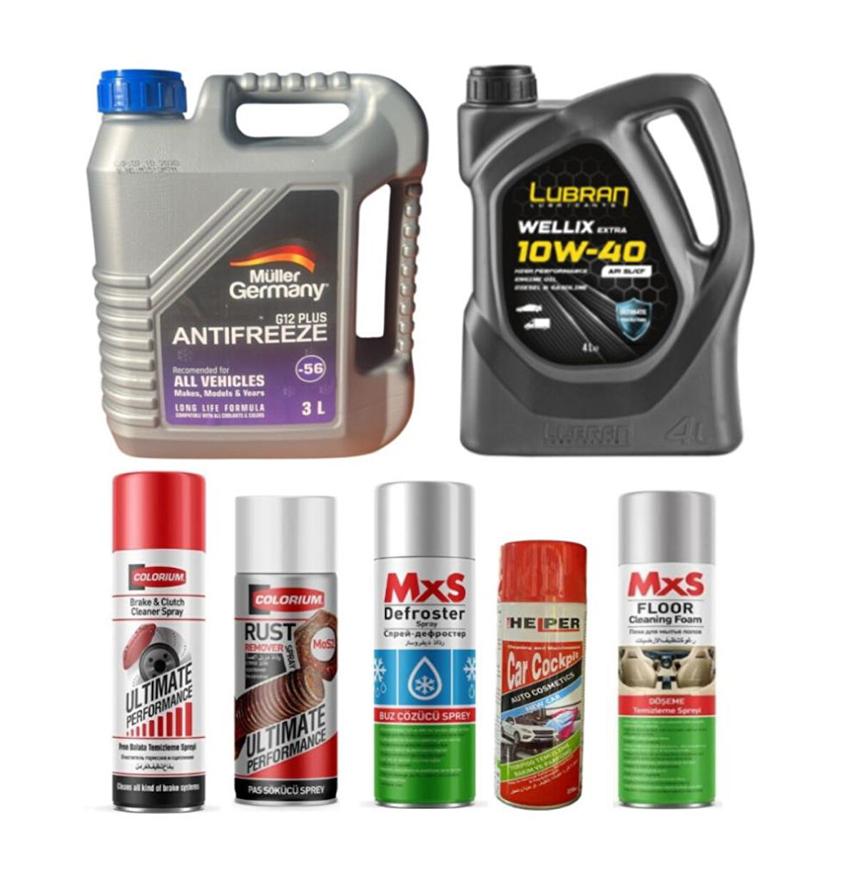 HSGL Araç Bakım Seti 10W-40 Yağ Antifriz Balata Pas Sprey Buz Çözücü Döşeme Temizleyici Set