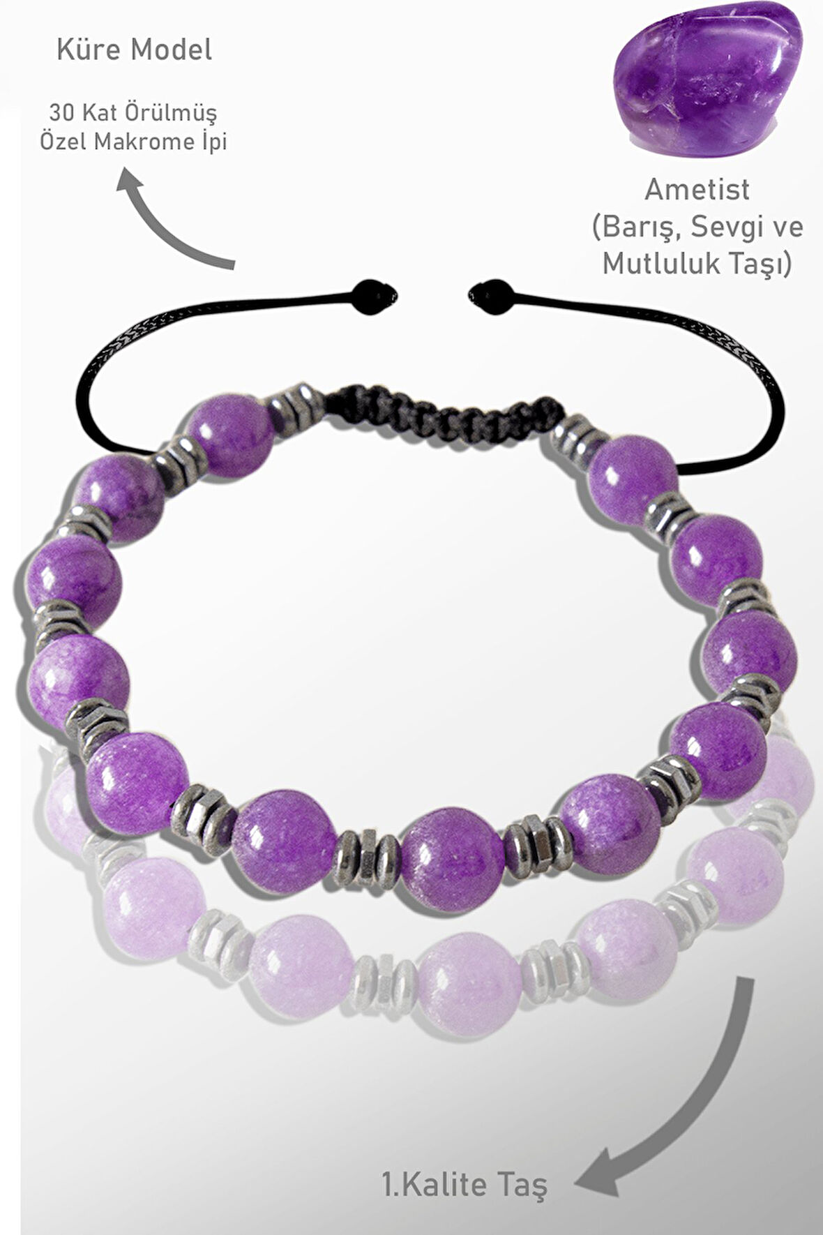 Sertifikalı Gerçek Hematit - Ametist Taşı Bileklik - Ayarlamalı (Hindistan)