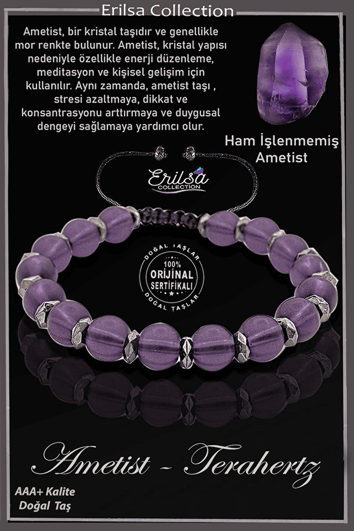 Sertifikalı Ham İşlenmemiş Hematit - Mor Ametist Taşı Bileklik - Ayarlamalı