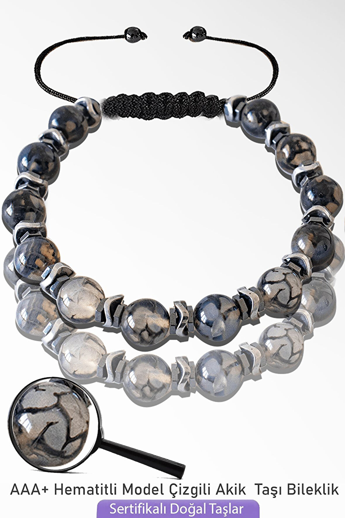 Sertifikalı Silver Hematitli Çizglili Akik Taşı Bileklik - Ayarlamalı