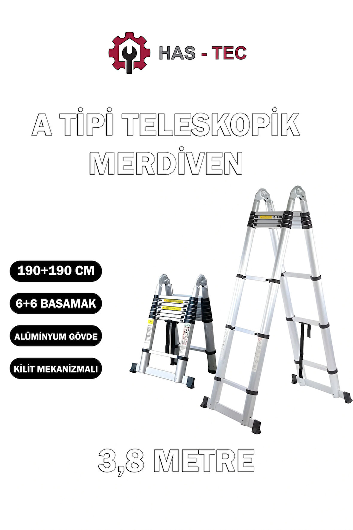 HAS-TEC 6+6 Basamaklı Çift Taraflı A Tipi Uzayan Teleskopik Merdiven 3,8 m