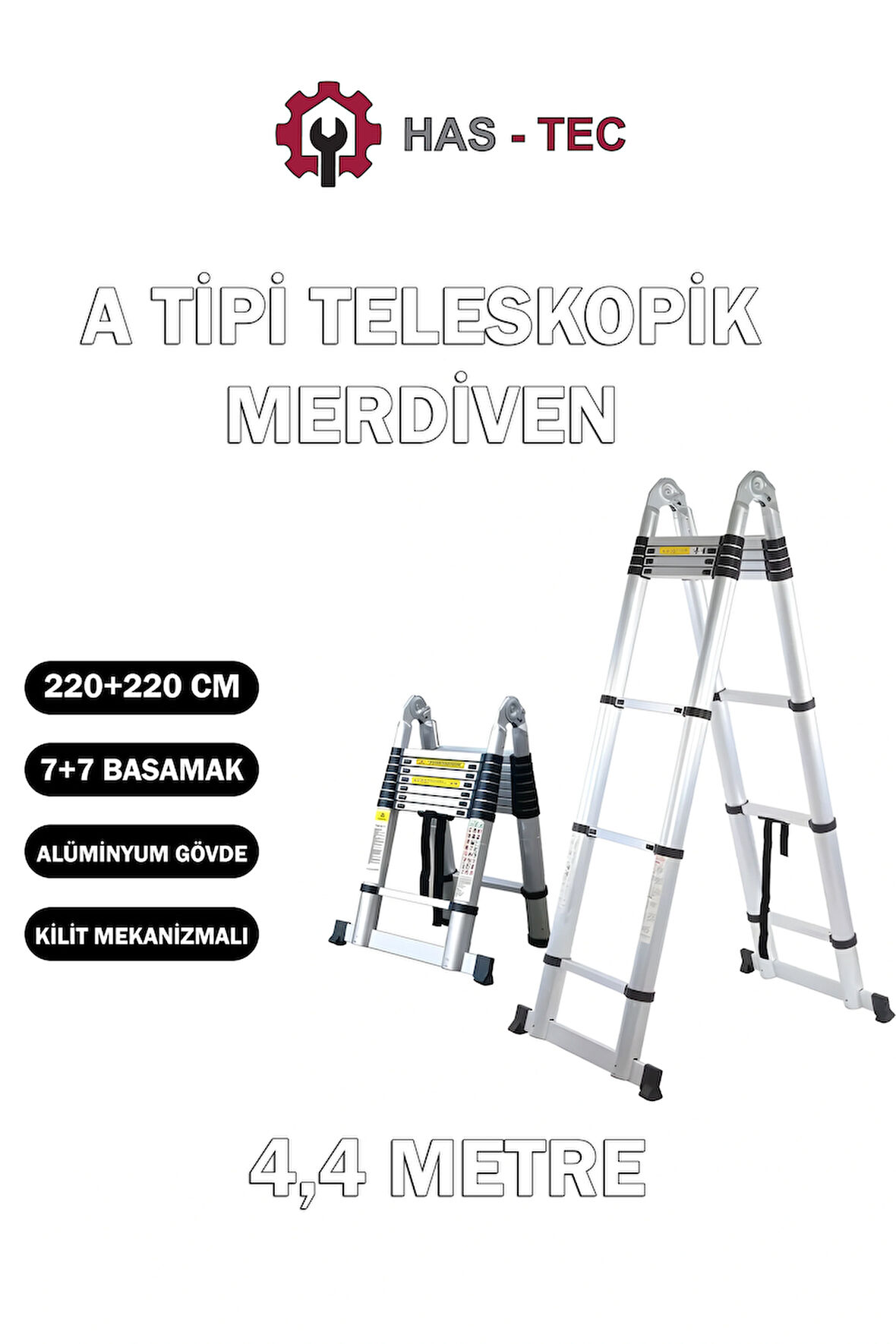 HAS-TEC 7+7 Basamaklı Çift Taraflı A Tipi Uzayan Teleskopik Merdiven 4,4 m