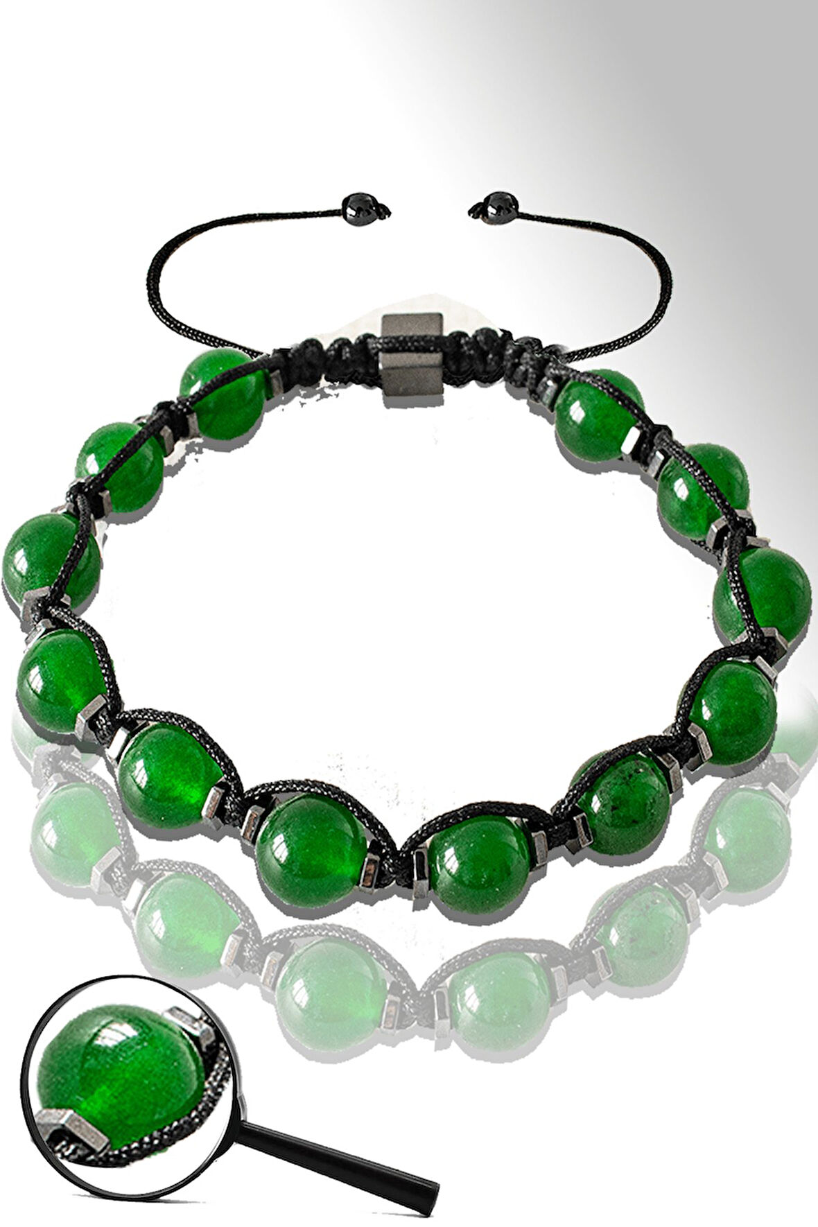 Sertifikalı Makrome Hematitli Yeşim Taşı Bileklik - Ayarlamalı