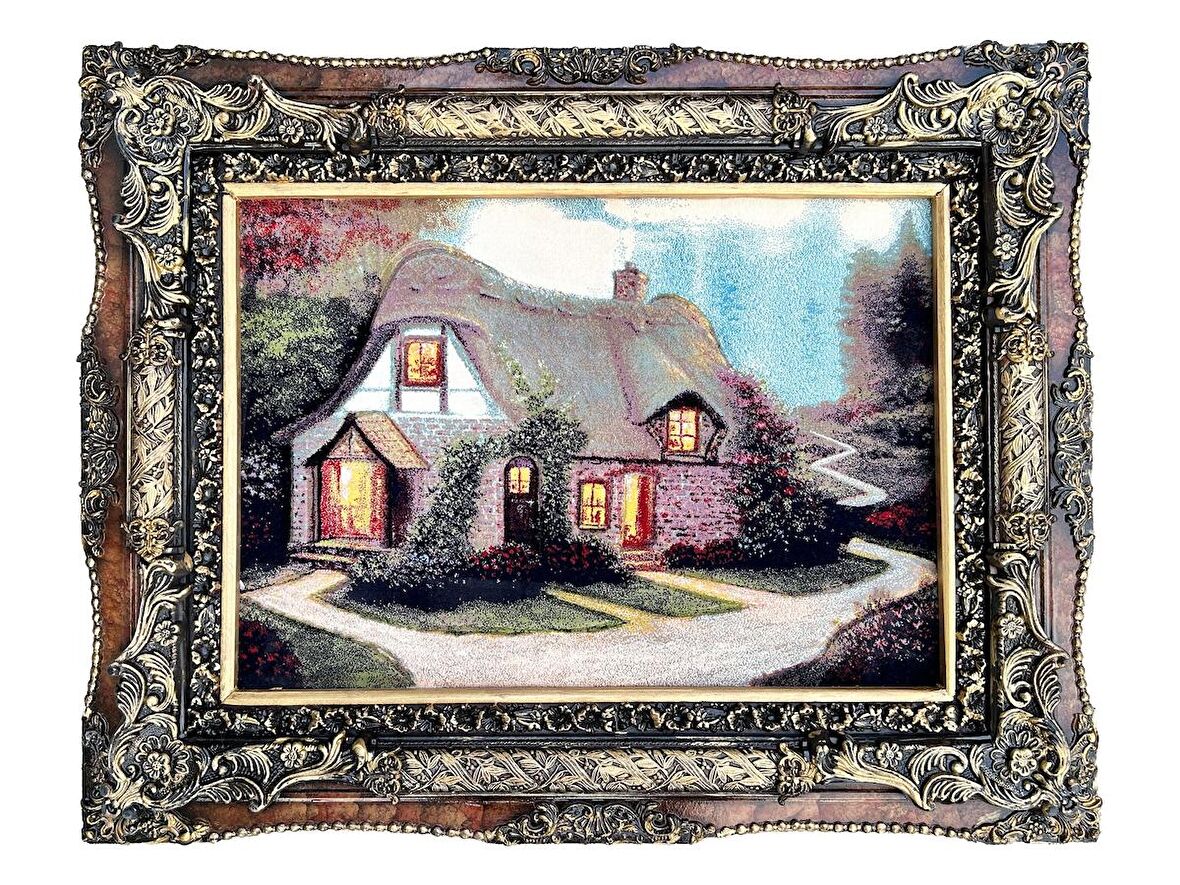 Hobbit Evi Adlı İran Tebriz Halı Tablo 94x75cm - Duvar Halı Kilim Tablo