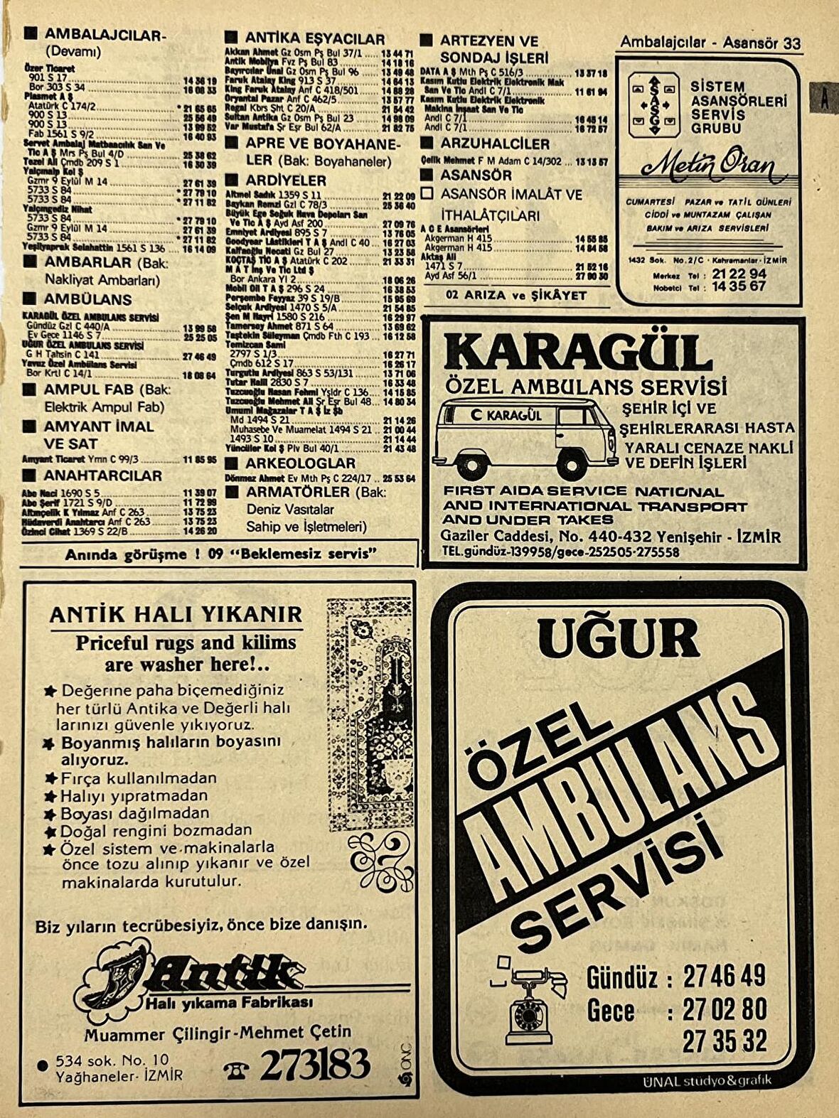 İzmir 1982-1983 Meslek Reklam İlanı Efemera S33