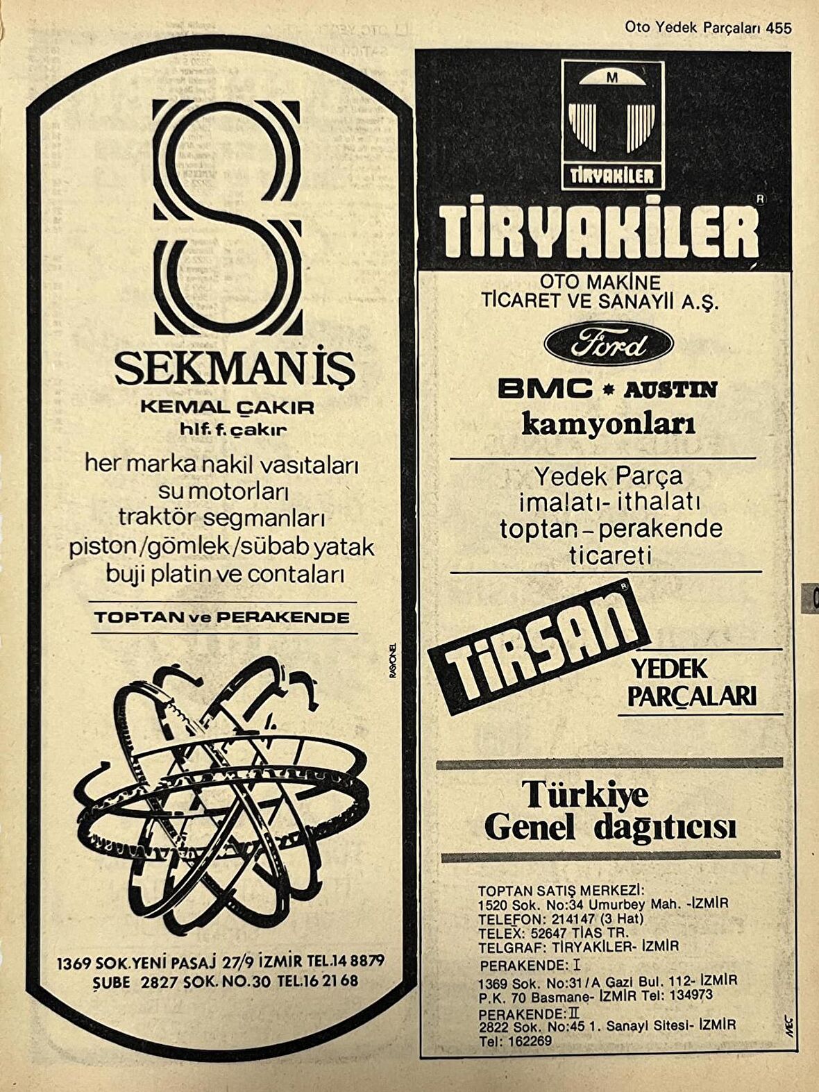 İzmir 1982-1983 Meslek Reklam İlanı Efemera S455