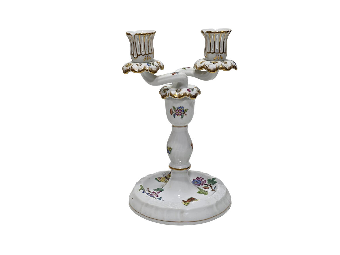 Herend 7915 Kraliçe Victoria El Boyama 2 Kollu Porselen Şamdan