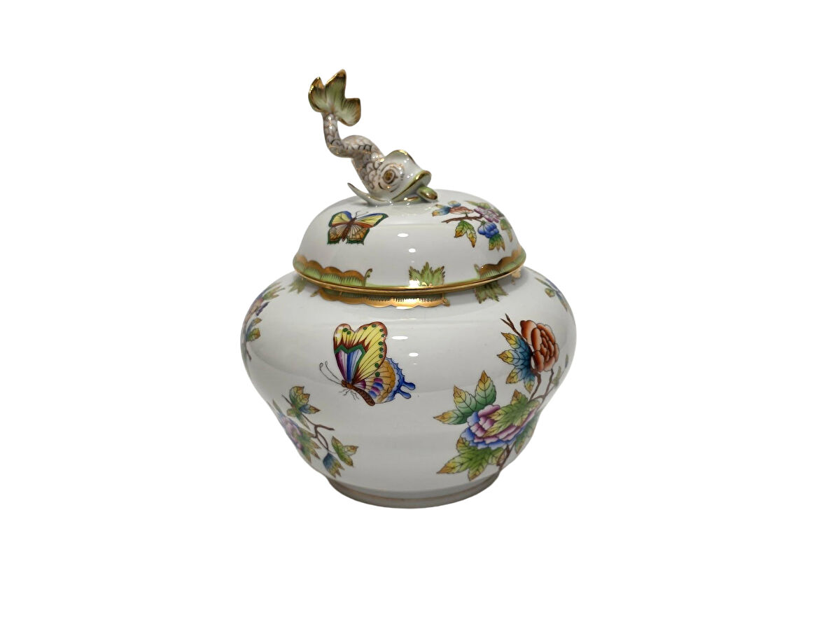 Herend 6094 Kraliçe Victoria El Boyama Balık Kapaklı Porselen Kavanoz