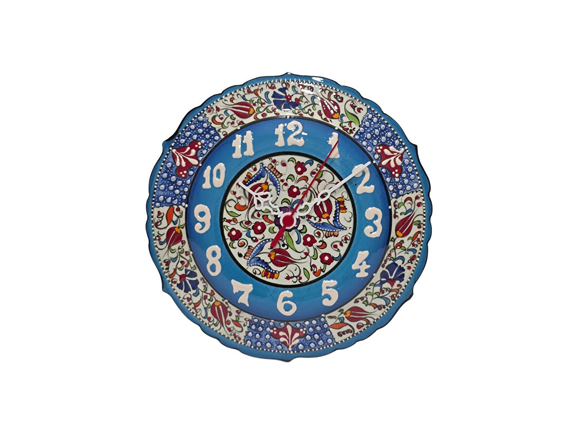 Çini Boyama Kabartma Duvar Saat 25cm - Çini Saat