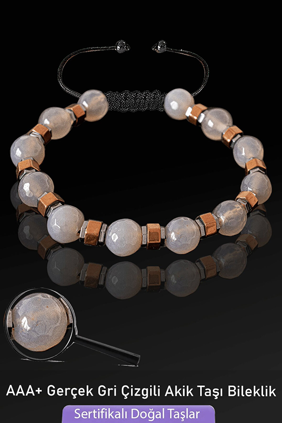 Sertifikalı Fasetli Gerçek Gri Akik Taşı Bileklik - Ayarlamalı