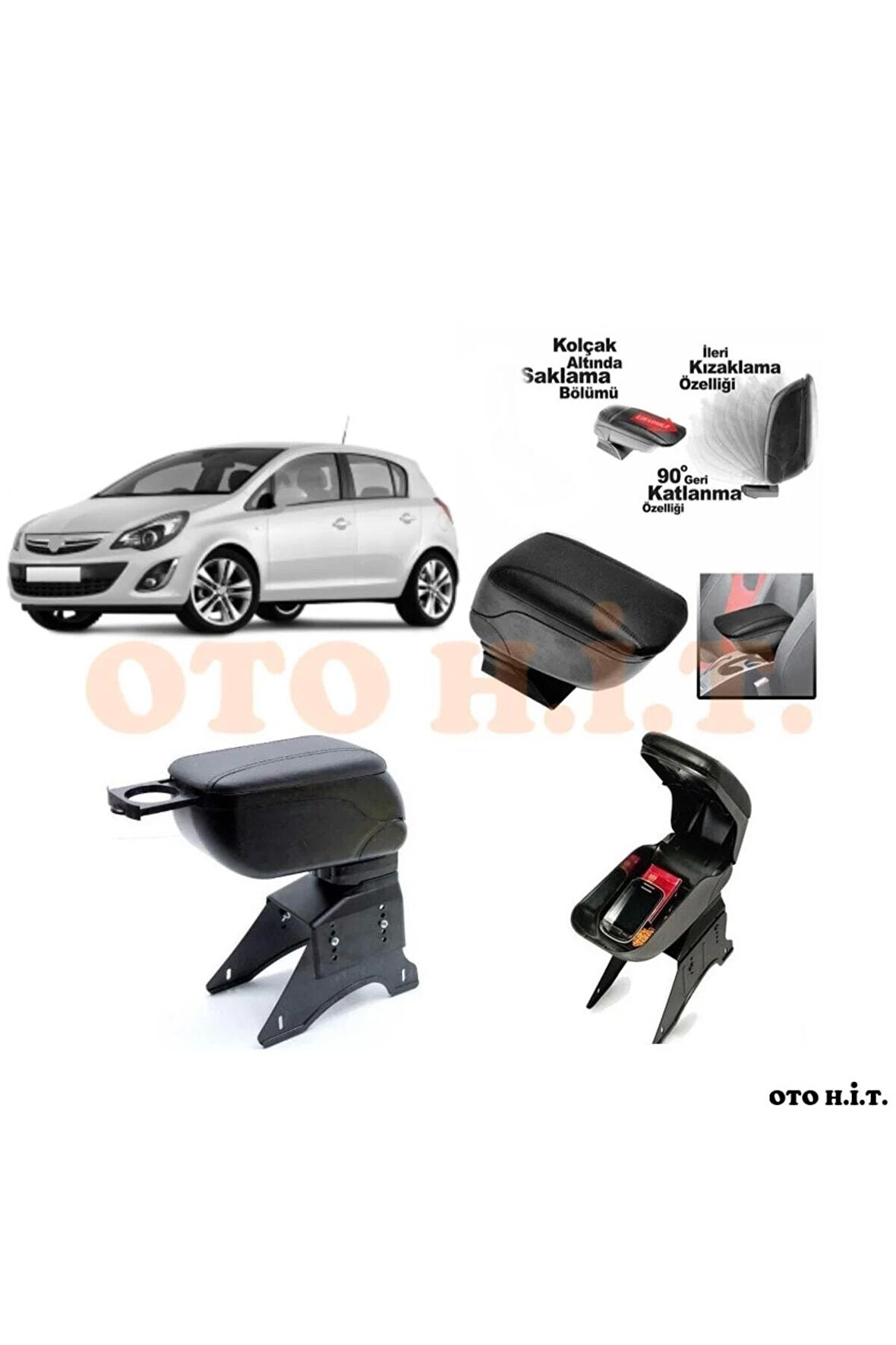 Opel Corsa D Uyumlu Kol Dayama Ve Kolçak Sürgülü Bardaklıklı Ayarlanabilir Siyah Deri