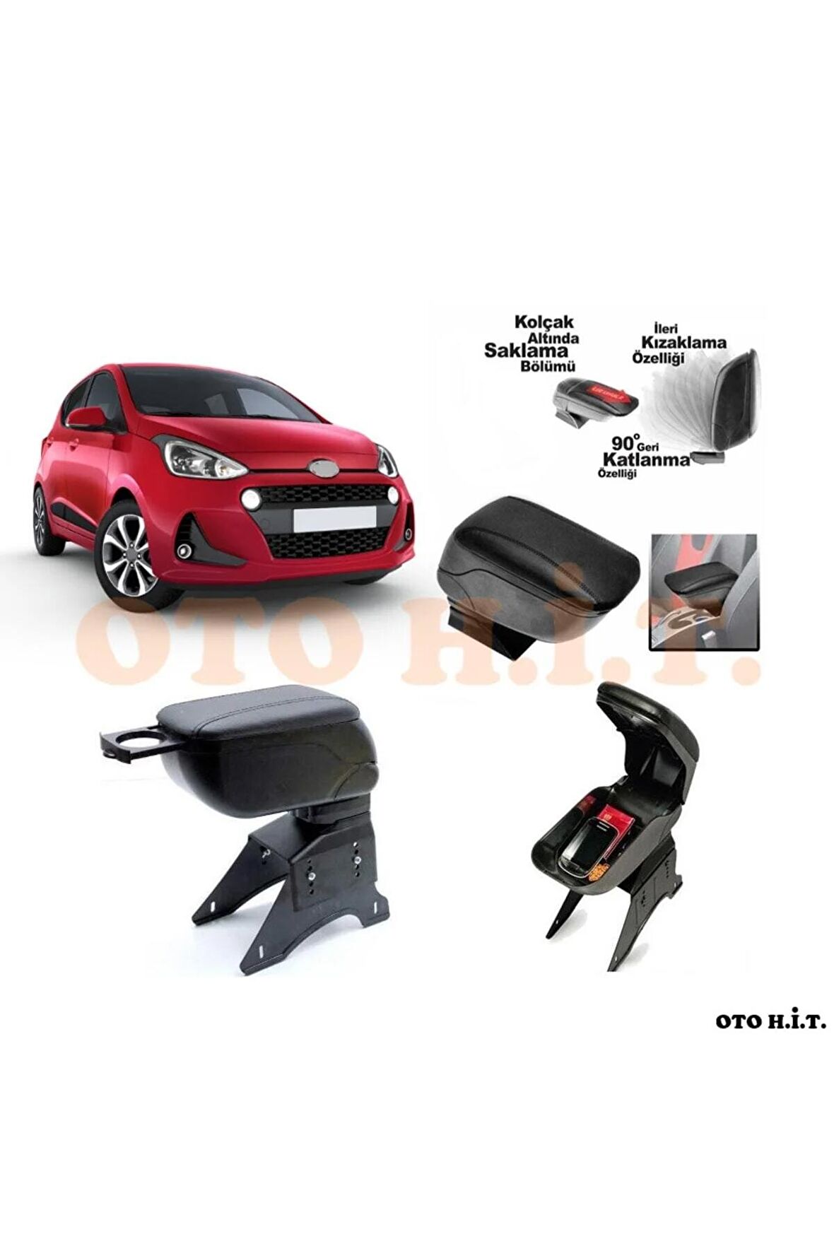 Hyundai I10 17-20 Uyumlu Kol Dayama Ve Kolçak Sürgülü Bardaklıklı Ayarlanabilir Siyah Deri