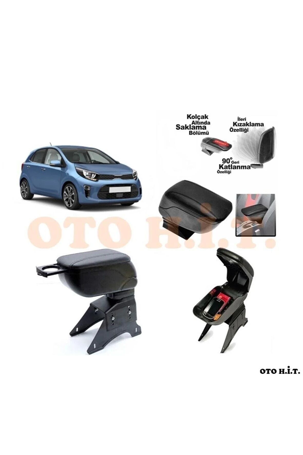 Kia Picanto 16-21 Uyumlu Kol Dayama Ve Kolçak Sürgülü Bardaklıklı Ayarlanabilir Siyah Deri
