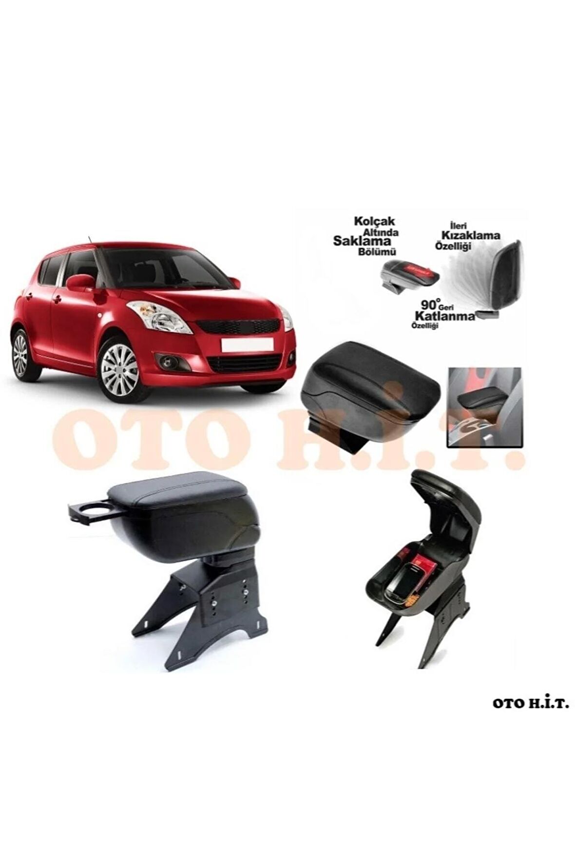 Suzuki Swift 06-12 Uyumlu Kol Dayama Ve Kolçak Sürgülü Bardaklıklı Ayarlanabilir Siyah Deri