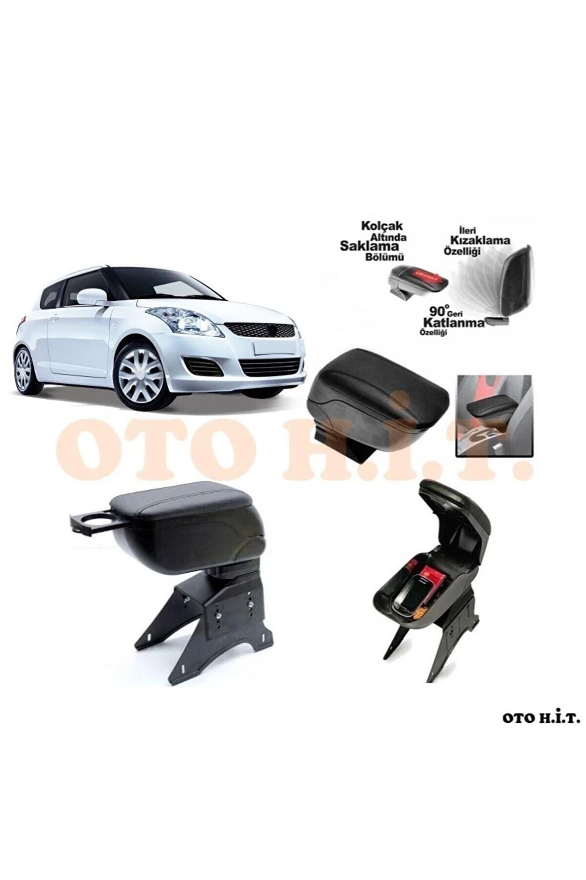 Suzuki Swift 13-16 Uyumlu Kol Dayama Ve Kolçak Sürgülü Bardaklıklı Ayarlanabilir Siyah Deri