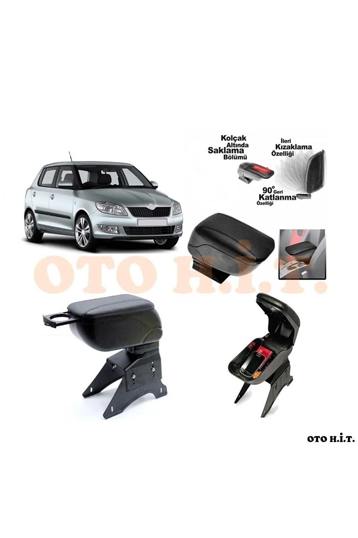 Skoda Fabia 08-14 Uyumlu Kol Dayama Ve Kolçak Sürgülü Bardaklıklı Ayarlanabilir Siyah Deri