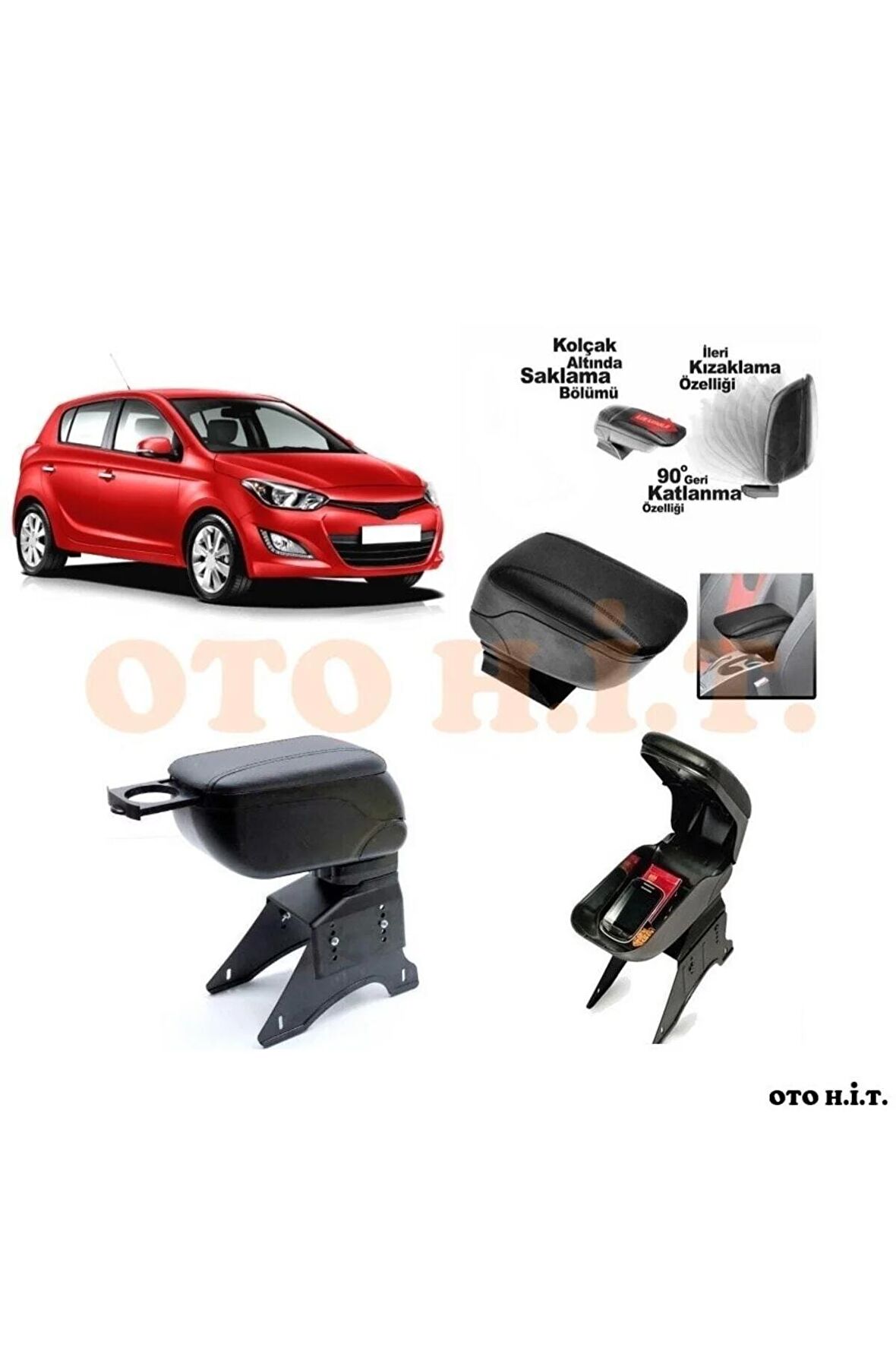 Hyundai I20 13-15 Uyumlu Kol Dayama Ve Kolçak Sürgülü Bardaklıklı Ayarlanabilir Siyah Deri