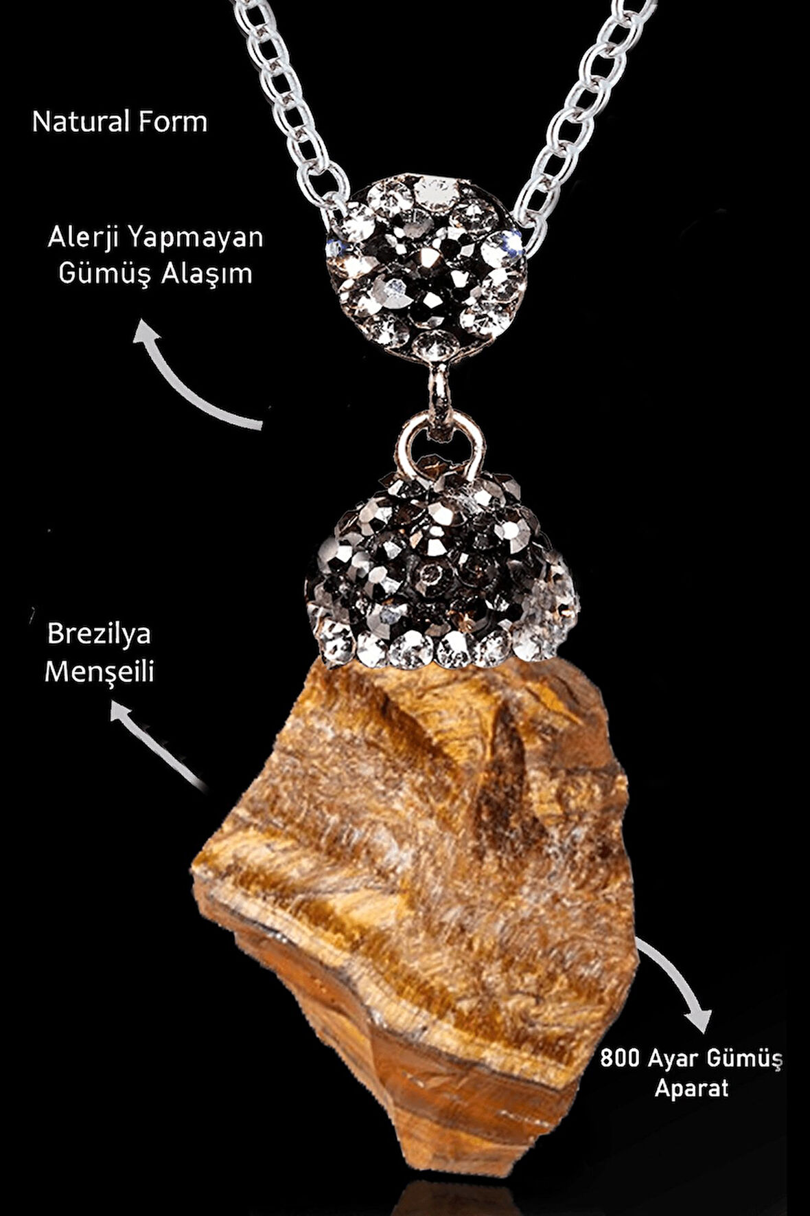 Sertifikalı Zirkon Taşlı Model Ham İşlenmemiş Kaplan Gözü Taşı Kolye